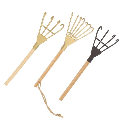 CLISPEED 3 Stück Kleiner Rechen aus Eisen mit Holzgriff Multifunktionale Gartengeräte für Bonsai Zimmerpflanzen und Gartenpflege