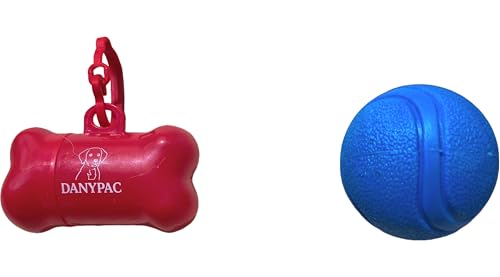 DANYPAC Pack 2 Piezas para perros: Dispensador de Bolsas Caca Perro + Pelota de Goma Duradera y Resistente (Rojo, Grande)