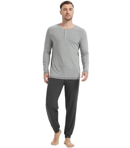 Image of NACHILA Mens Pajamas Set Long Sleeve Henley Sleepwear Top Soft Jogger Pants Pajamas Cool Pjs Set,Viscose Made from Bamboo