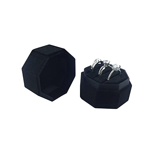 Octagon Velvet Ring Box - Premium Antique Handmade 3 Slots Small Ring Box For Wedding Ceremony Proposal Engagement Birthday Gift (Black) #TOP2
