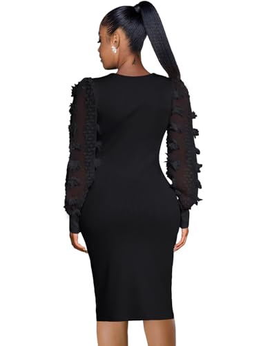 acelyn Women's Sexy Mesh Long Puff Lantern Sleeve Bodycon Dress Square Neck Ribbed Club Party Cocktail Midi Dresses2