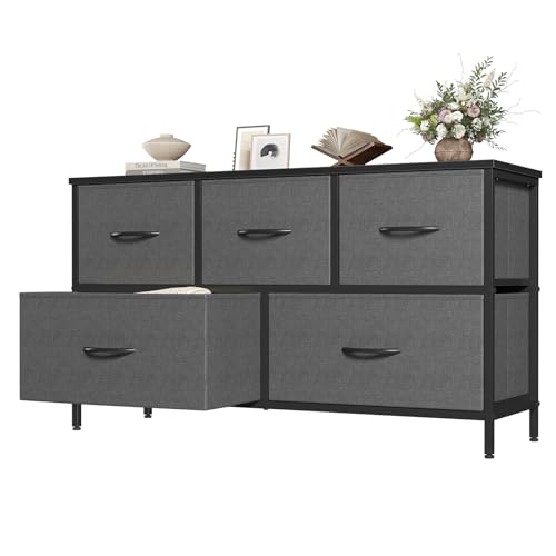 Image of OLIXIS Dresser for Bedroom with 5 Drawers, Wide Chest of Drawers, Grey | Chest of Drawers for Clothes Storage with Bins, Wide Fabric Bedroom Dresser, Wooden Top, Living Room