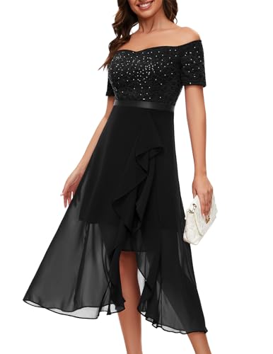 Berylove - Vestido de noche largo para mujer con brillo, vestido de cóctel elegante para boda, con hombros descubiertos, vestido de baile, Negro , M