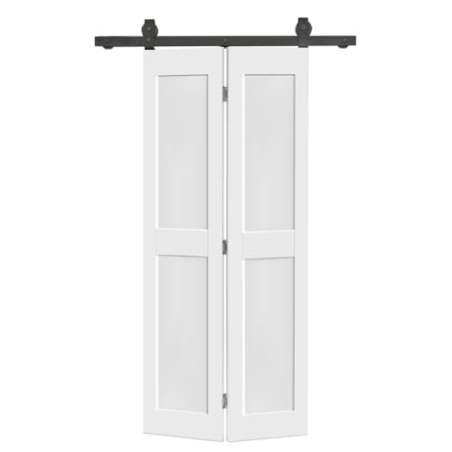 20 in. x 80 in. 2 Panel Shaker Hollow Core White Composite Bi-Fold Door with Sliding Barn Door Hardware Kit