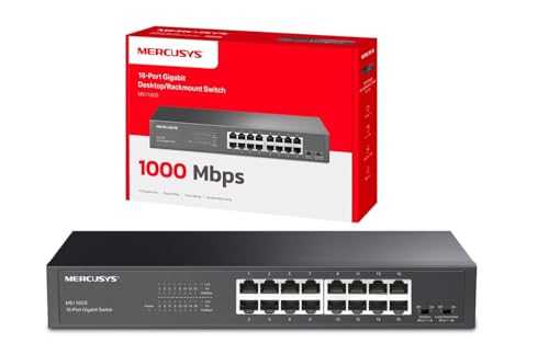Mercusys MS116GS Switch Gigabit 16 Puertos, Montaje de Escritorio o Bastidor, Plug & Play, prioridad de tráfico, prevención de Bucle, Modo de Aislamiento, Funcionamiento silencioso, Carcasa de