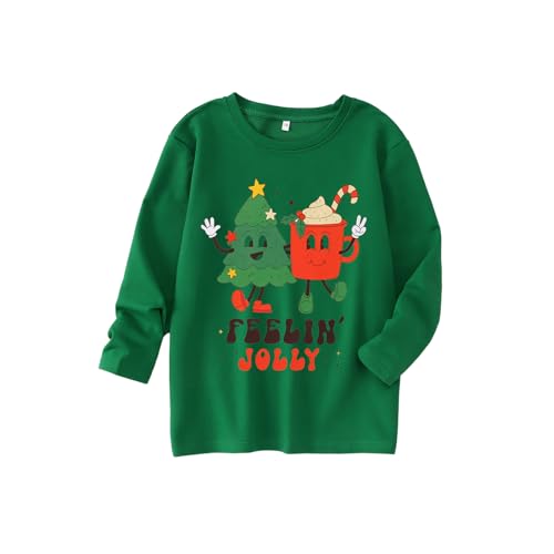 Image of Kids Christmas Shirts Girls Boys Feelin Jolly Long Sleeve T-Shirts Xmas Tree Hot Cocoa Graphic Tee Holiday Fall Tops