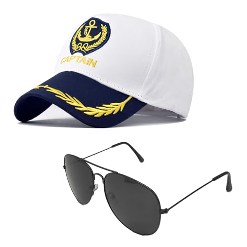 SAIIURV 2 Pièces Chapeau Capitaine Bateau Adulte pour Homme Femme, Casquette de Marin Réglable, Chapeau de Capitaine, Lunettes de Soleil, Déguisement Capitaine Marine pour Halloween Cosplay (Blanc)