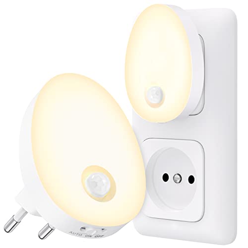 AUVON Nachtlicht Steckdose mit Bewegungsmelder, 2 Stücke Helle LED Nachtlicht, Steckdosenlicht Helligkeit Stufenlos Einstellbarer für Kinderzimmer, Flur, Treppe, Küche, Schlafzimmer, WarmWeiß