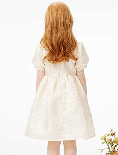 Girls Dresses Jacquard Princess Round Neck Short Sleeve A-Line High Waist Dress Ivory2