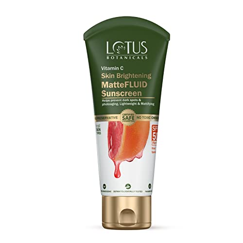 Lotus Botanicals Vitamin C Skin Brightening MatteFluid Sunscreen | SPF 50 | PA+++ | 100x Vitamin C | Protects from Sun, UV Rays | Brightens Skin | No White Cast | Water Resistant | No Preservatives | 75g