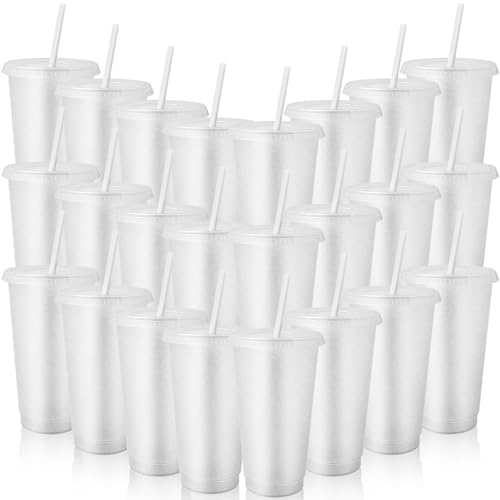 SWHCM 24 Pièces Gobelets Plastiques Réutilisables avec Couvercle & Paille, 710ml Café Tasse de Voyage, Verre Plastique Reutilisable pour Enfants Adultes...