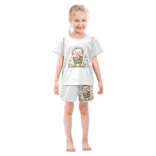 Hedgehog Flowers Beige Pajama Set Short Sleeve Summer Pajamas Sleepwear Nightwear Set Cotton 5Y3