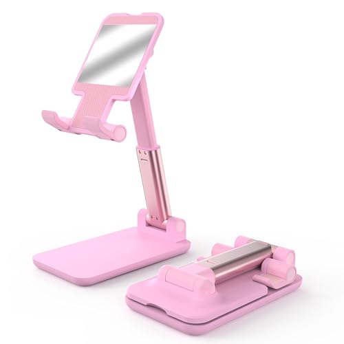 HZZADZXW Cell Phone Stand, Adjustable Angle and Height Cell Phone Holder for Desk, Foldable and Portable, Anti-Slip Silicone Pad, Compatible with All Mobile Phones and 4-8 Inch Devices, Pink