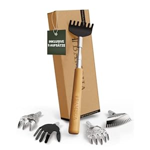 BAMBUA Rückenkratzer Ausziehbar – [Inklusive 5 Aufsätze] Bambus-Griff – Für Wohltuende Kratzgefühle – Mühelos jede Stelle erreichen – Premium Edelstahl Rückenkratzer Set – Ideal als Geschenk
