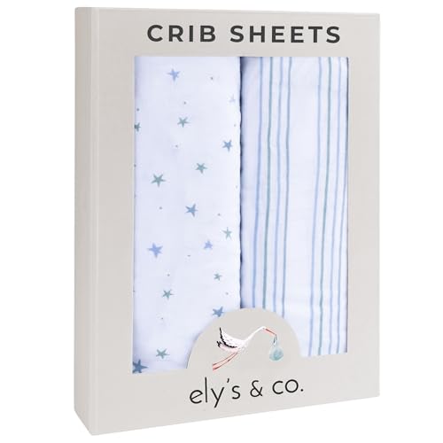 Image of Ely’s & Co. Crib Sheets, Baby Boy Fitted Crib Mattress Sheet Set, 2 Pack, 100% Jersey Knit Cotton, Infant and Toddler Nursery Bedding, Blue Stars + Stripes Print, 28” x 52”