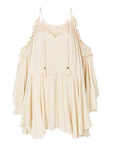 R.Vivimos Women Cotton Long Sleeve V Neck Cold Shoulder Casual Ruffles Loose Short Dresses (Medium, Beige)