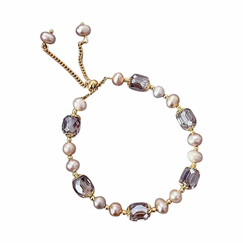 Pulsera de estilo vintage con perlas moradas, de cristal natural, para mujer, pulseras de plata, talla única, Metal