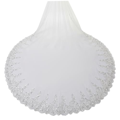 Velo de novia largo con encaje de lentejuelas para un brillo elegante