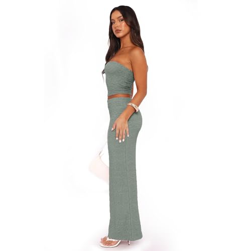 Image of Two Piece Dress Outfits for Women Sleeveless Tube Tops Bodycon Maxi Dress Summer Strapless Crop Top Sexy Suits Set