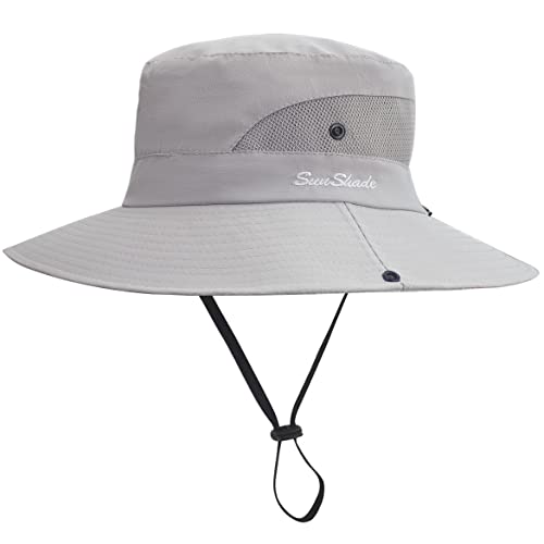 Womens Ponytail Sun Hat Outdoor Uv Protection Foldable Mesh Bucket Hats Wide Brim Summer Beach Fishing Cap Pure Light Grey #TOP1