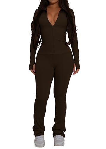 PINSV Women's 2 Piece Outfits Long Sleeve Zip Up Jacket Flare Pants Matching Tracksuit Set Brown L - Thumbnail 3