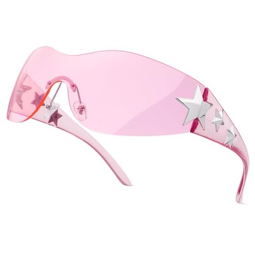 Haqptul Rimless Y2K Sunglasses Star Wrap Around Glasses 2000S Accessories for Women Men Trendy Fashion Cool Shield Shades (Pink/Pink)