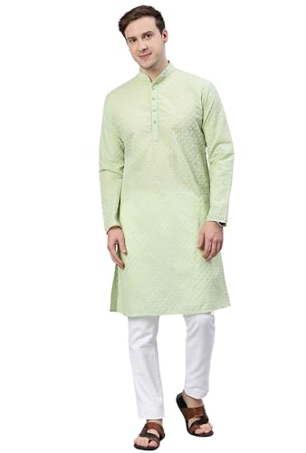 Image of Majestic Man Men's Cotton Blend Regular Fit Casual Polyester Mandarin Collar Ethnic Motifs Embroidered Long Regular Kurta