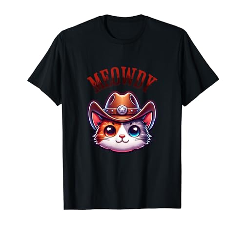 T-shirt Meowdy Cat Cowboy Cute Pun Tee, Preto, S