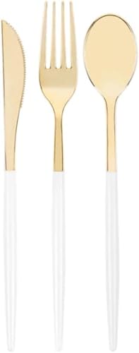 Oro-Blanco Cubiertos desechables de plástico de dos tonos blanco dorado de 32 piezas con 16 tenedores, 8 cucharas y 8 cuchillos, elegantes cubiertos