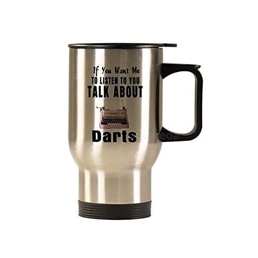 Resekopp i rostfritt stål – If You Want Me to Listen to You Talk About Darts, 4 dl kaffemugg med svart lock och handtag, silver