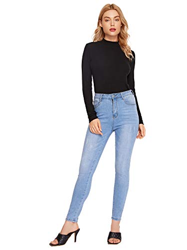 SheIn Women's Mock Neck Turtleneck Shirt Long Sleeve Ribbed Knit Slim Fit Tee Tops Black Medium