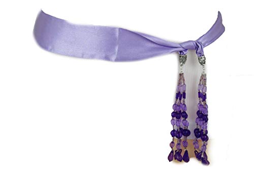 TFJ Women Fashion Silk Fabric Tie Belt Sash Fringes Beads Soft Scarf XS S Lavender