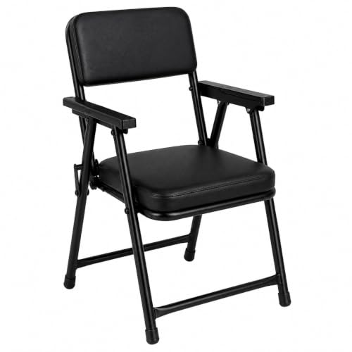 Image of Foldable Cushioned Chair with Armrests | Heavy Duty Metal Frame | Soft Padded Seat & Backrest | Space Saving Folding Chair for Home, Office, Study & Guest Seating | Black