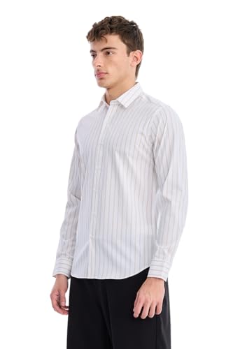 Image of SNITCH Men Semi-Formal Shirt | Modern Slim Fit Full Sleeve Point Collar Vertical Stripe Pattern | Cotton Blend Stretch Fabric for Office & Business Casual Wear