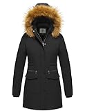 WenVen Women's Winter Windbreaker Padded Casual Jacket with Fur Hood (Dark Black, XL)