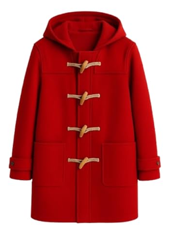 MERCH ATTIRE Duffle-coat classique pour homme en laine mélangée rouge avec capuche traditionnelle et brandebourgs en bois, XXS