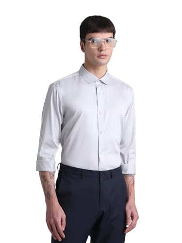 Image of Jack & Jones Men's Cotton Slim Fit Solid Opaque Checked Spread-Collar Casual Shirt