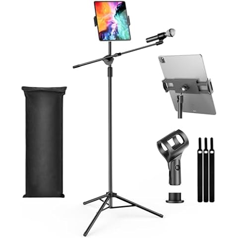 OUKMIC Boom Mic Stand, Microphone Stands Floor with Tablet Phone Holder, Heavy Duty Tripod Adjustable Height and Angle 35-65 Inch With Portable Bag for Singing Karaoke Stage Cover