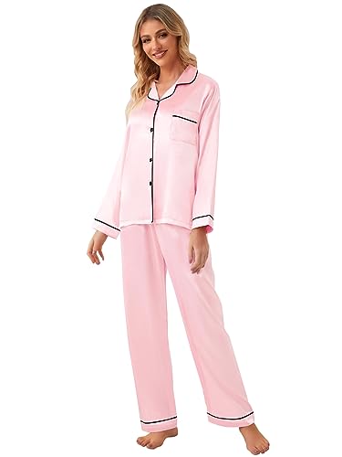 Image of Schbbbta Girls & Women Satin Pajamas Set, 2Piece Silk Nightwear Button-Down Sleepwear for Teen Kids, 3 Years - Women XXL