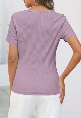MEROKEETY Women's Summer Short Sleeve V Neck T Shirts Casual Ribbed Button Henley Knit Tops Blouse2