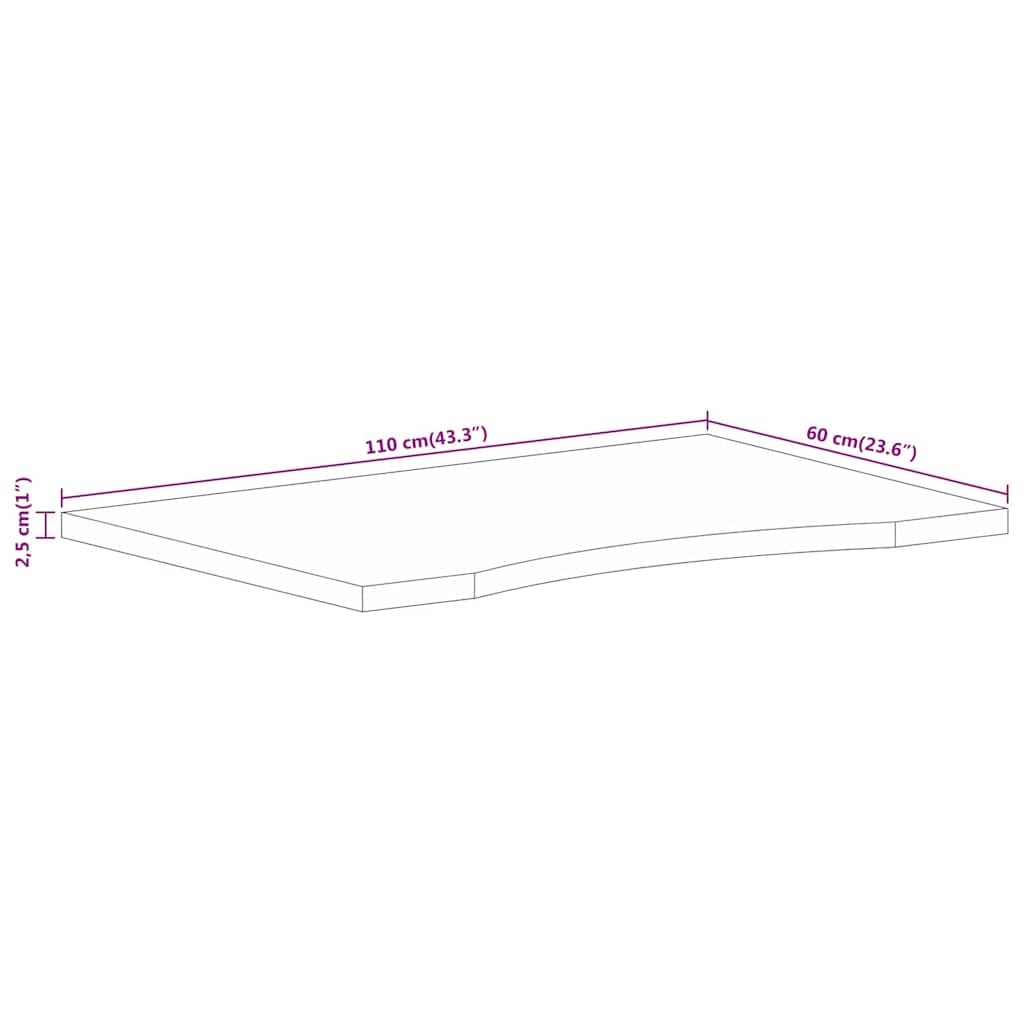 Piano da scrivania in legno di mango massiccio, 110 x 60 x 2,5 cm, con apertura, robusto piano di lavoro per ufficio, cucina, mobili fai da te, stabile, superficie in legno naturale, versatile