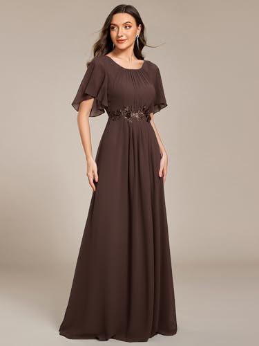 Image of Ever-Pretty Women's Classic Round Neck Pleated Short Sleeves Chiffon Appliques Floor Length A Line Formal Evening Dresses