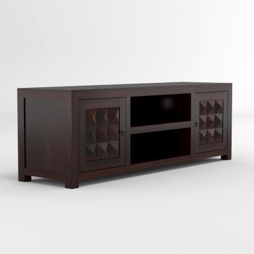 Image of Solid Sheesham Wood Entertainment TV Unit with 2 Door | Rosewood Tv Stand /TV Cabinet for Living Room | Bedroom | Wooden TV Panel with Shelf Stoarge | TV Table