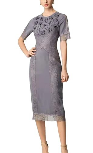 Women's O-Neck Short Sleeve Appliques Patchwork Lace Dress Vintage Spring