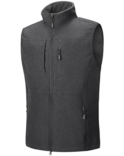 Outdoor Ventures Men's Softshell Gilets Windproof Lightweight Vest Outerwear with 7 Pockets, Warm Fleece-Lined Sleeveless Jacket for for Golf Running Hiking Dark Grey 2XL