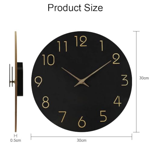 Aolso Silent & Non Ticking Round Wooden Battery Operated 12 inch Easy to Read Wall Clock for Living Room, Bedroom, Kids Room, Office, School (Black)
