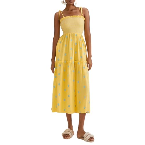 Image of FeMereina Women's Square Neck Spaghetti Strap Tie-Up Long Dress Casual 3D Flower Shirred Tiered A-Line Dress Floral Print Ruffle Flowy Boho Cami Dress (Yellow, M)