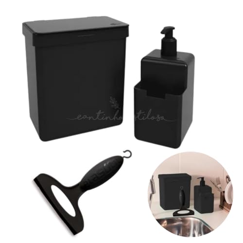 Kit Pia Cozinha Três Peças Lixeira 2,5l Dispenser E Rodinho Preto Coza