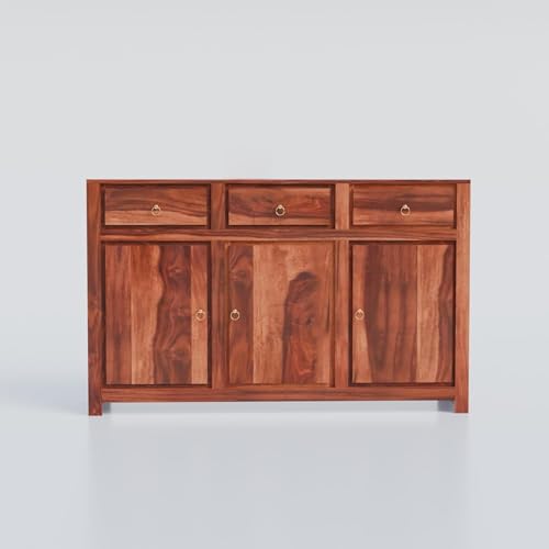 Image of Solid Sheesham Wood Sideboard Cabinet Storage with 3 Door & 3 Drawer Wooden Storage Organizer Cabinet for Home Kitchen Living Room Bedroom Hallway Dinning | Natural Honey Finish | Pre-Assembled