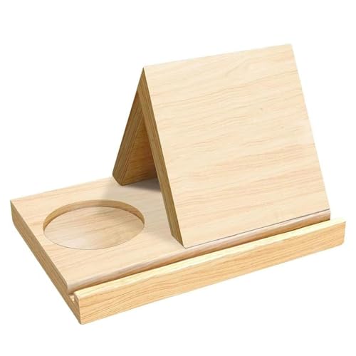 Soporte triangular para libros organizador de madera para tabletas tazas y teléfonos 4